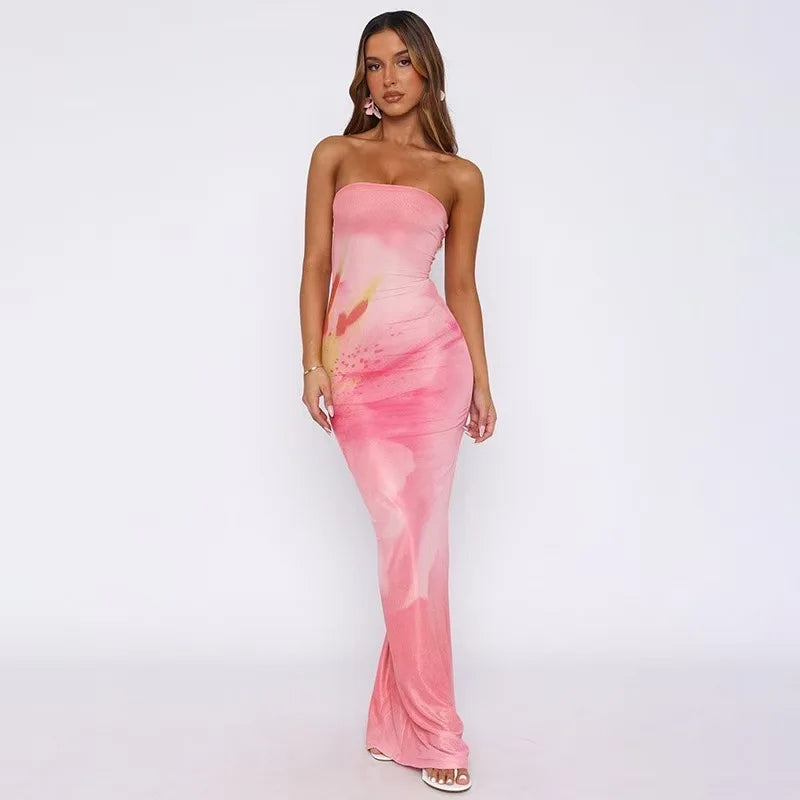 Women's Abstract Print Strapless Maxi Wedding Guest Dress