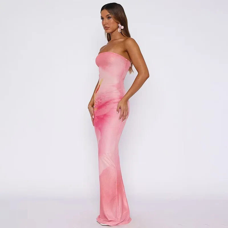 Women's Abstract Print Strapless Maxi Wedding Guest Dress