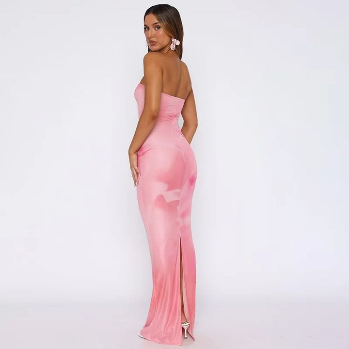 Women's Abstract Print Strapless Maxi Wedding Guest Dress