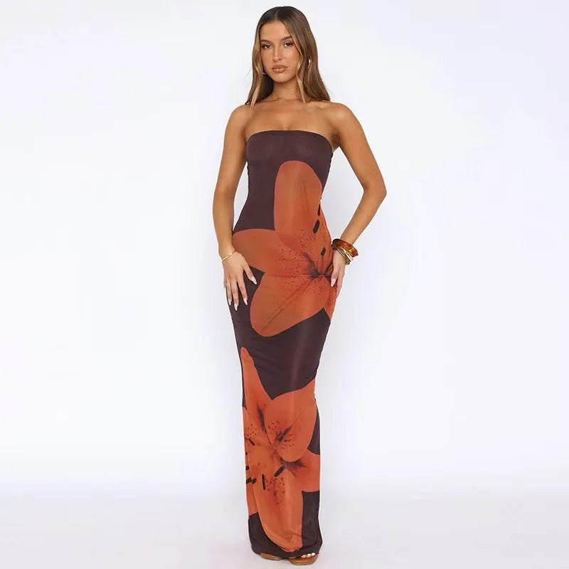 Women's Abstract Print Strapless Maxi Wedding Guest Dress