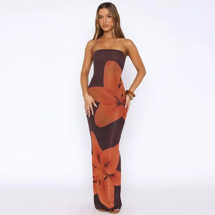 Women's Abstract Print Strapless Maxi Wedding Guest Dress