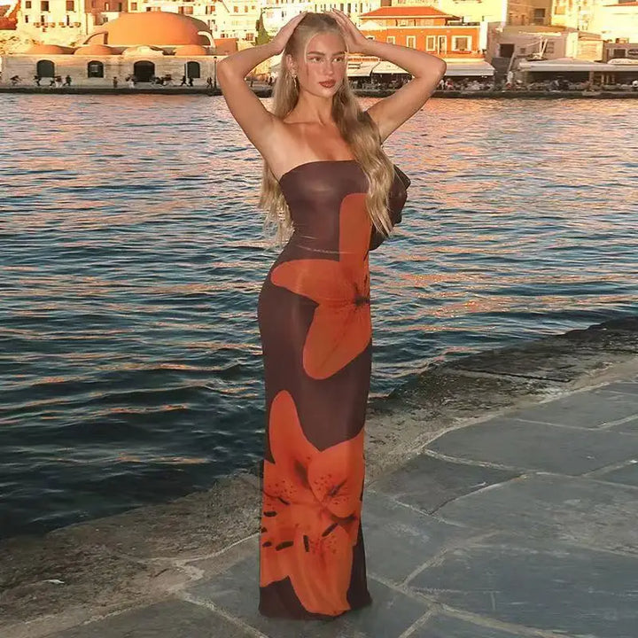Women's Abstract Print Strapless Maxi Wedding Guest Dress