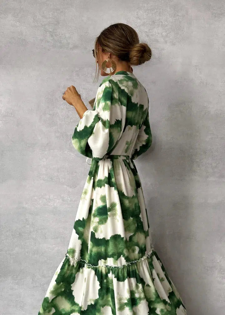 Women’s Boho Printed V Neck Ruffle Tiered Maxi Wedding Guest Dress