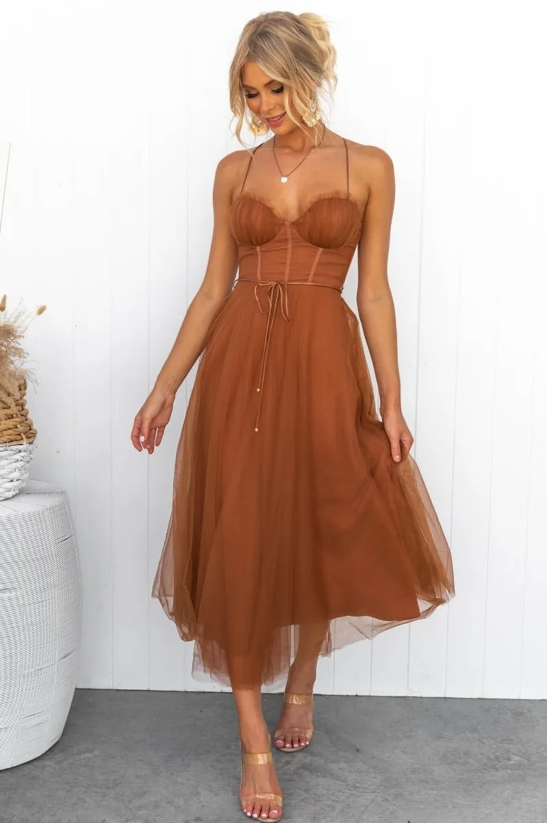 Women’s Corset Spaghetti Strap Tulle Midi Wedding Guest Dress