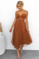 Women’s Corset Spaghetti Strap Tulle Midi Wedding Guest Dress