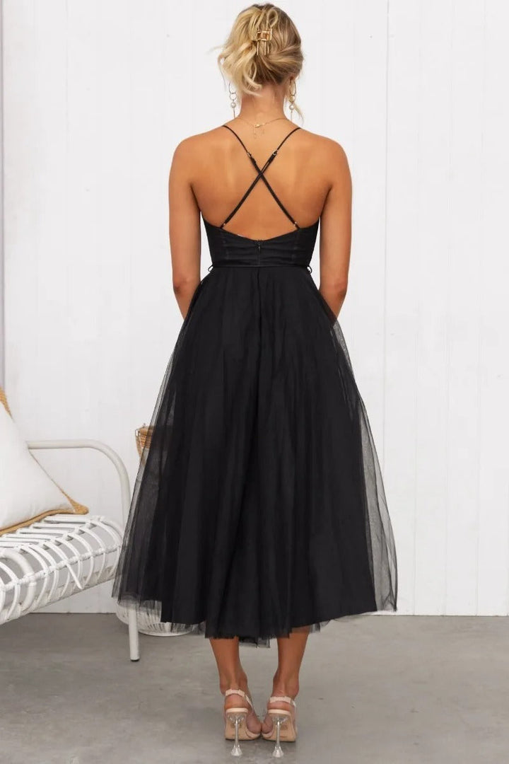 Women’s Corset Spaghetti Strap Tulle Midi Wedding Guest Dress