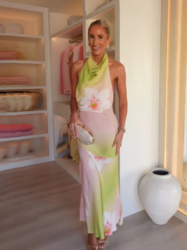 Women’s Floral Halter Neck Maxi Wedding Guest Dress