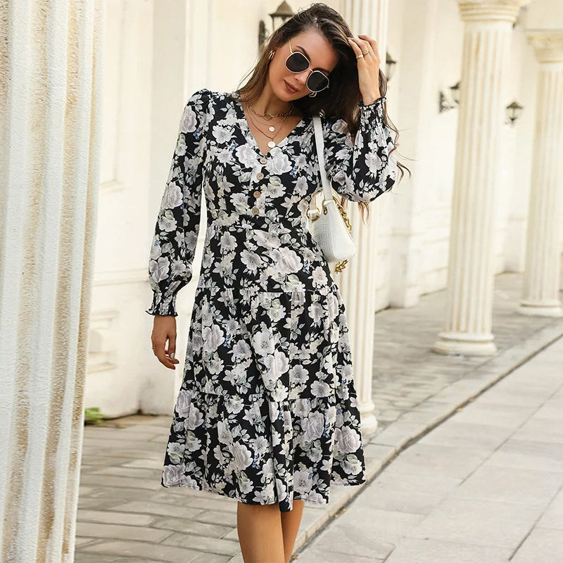 Women’s Floral Long Sleeve Midi Summer Dress