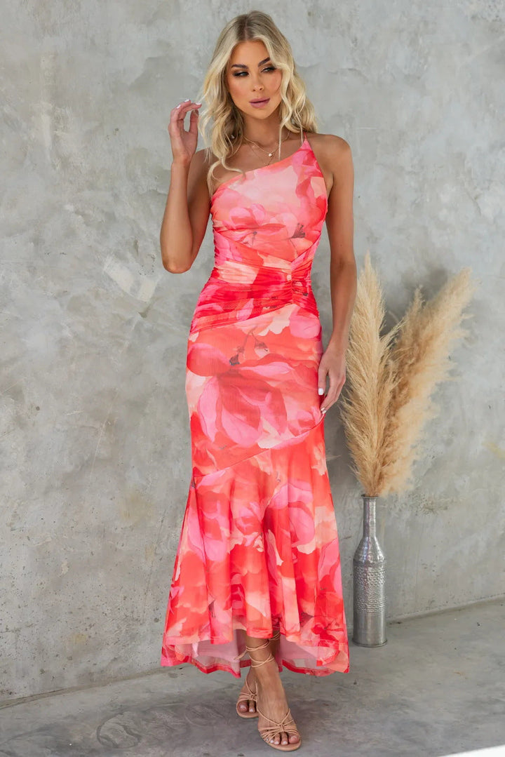 Women’s Floral One Shoulder Ruched Waist Wedding Guest Dress