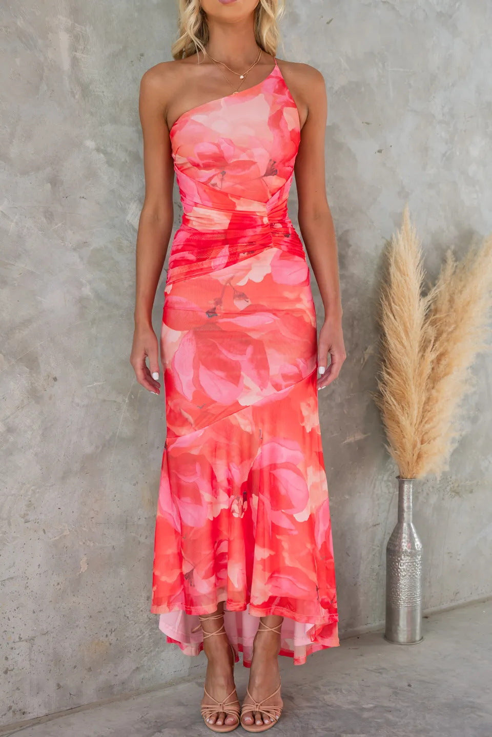 Women’s Floral One Shoulder Ruched Waist Wedding Guest Dress