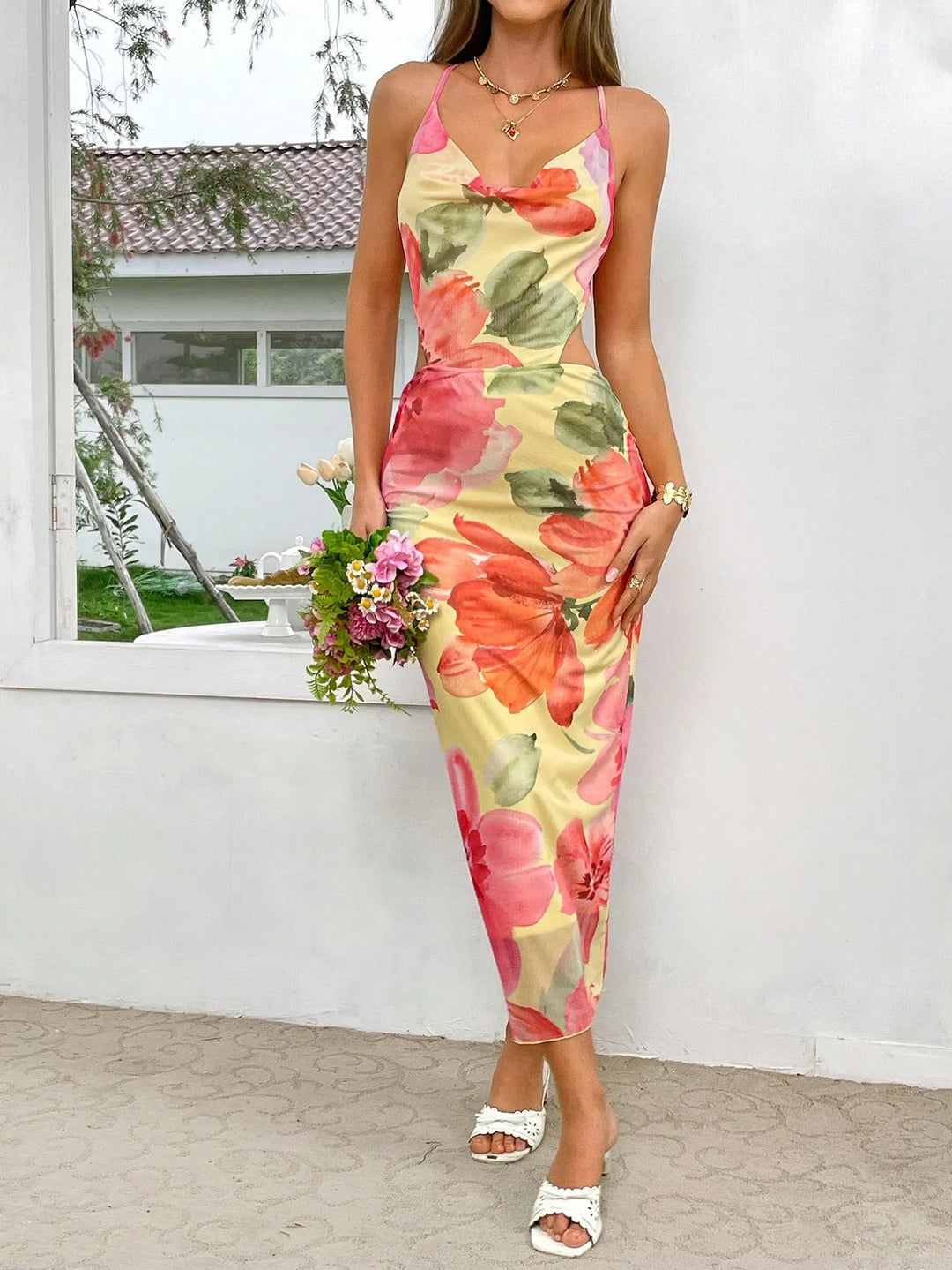 Women's Floral Print Cowl Neck Side Cutout Wedding Guest Dress