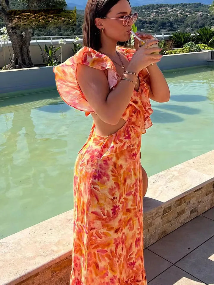 Women’s Floral Ruffle V Neck Maxi Wedding Guest Dress