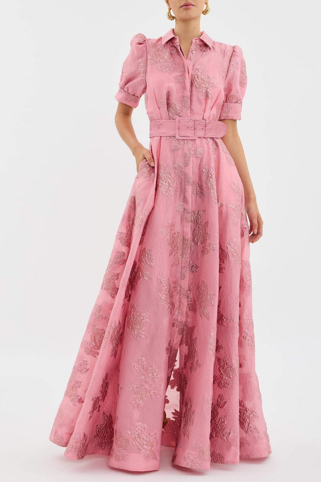 Women’s Floral Short Sleeve Belted Button Front Maxi Wedding Guest Dress