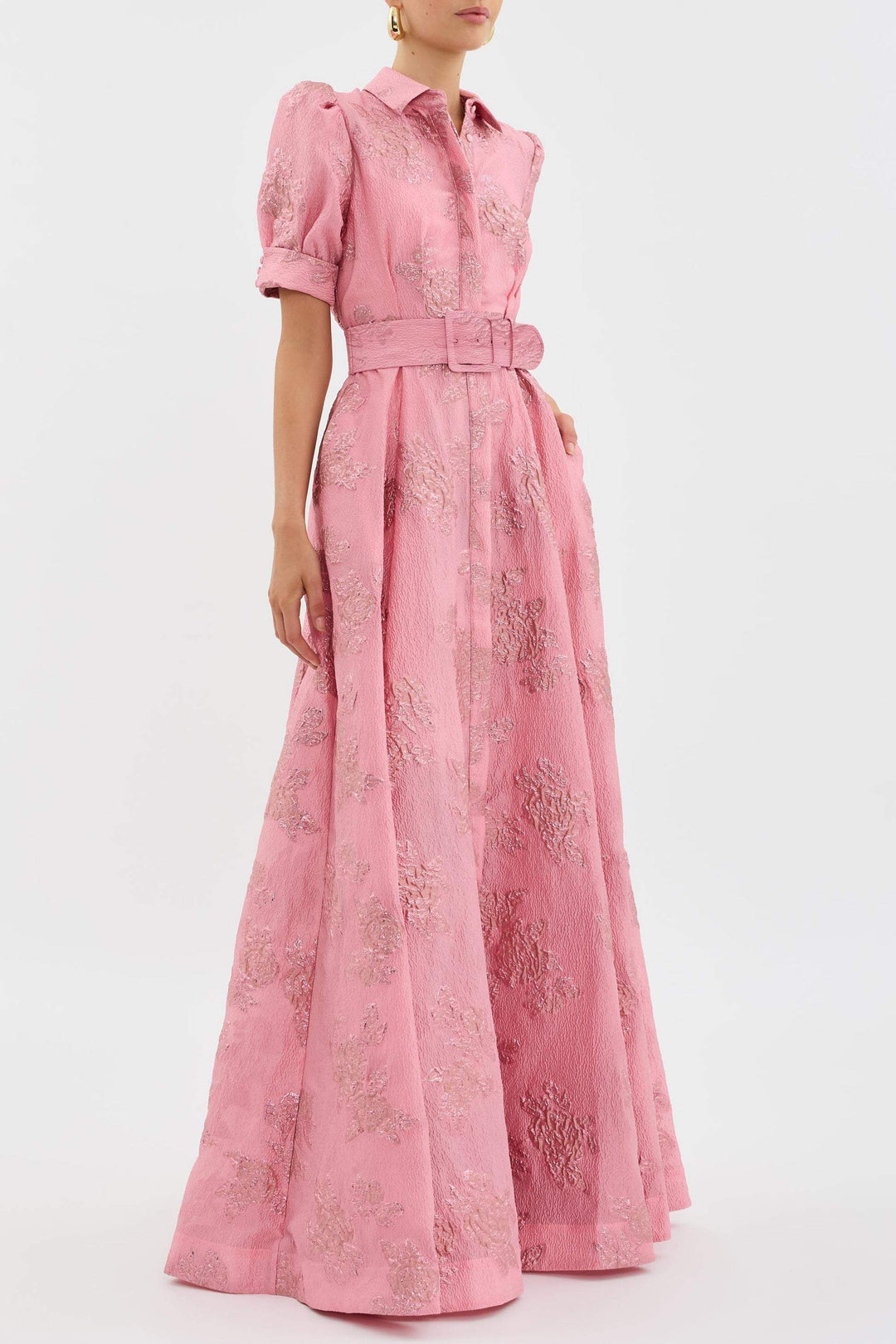 Women’s Floral Short Sleeve Belted Button Front Maxi Wedding Guest Dress
