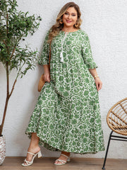 Women's Floral Tassel Tie Three Quarter Sleeve Tiered Plus Size Maxi Sundress
