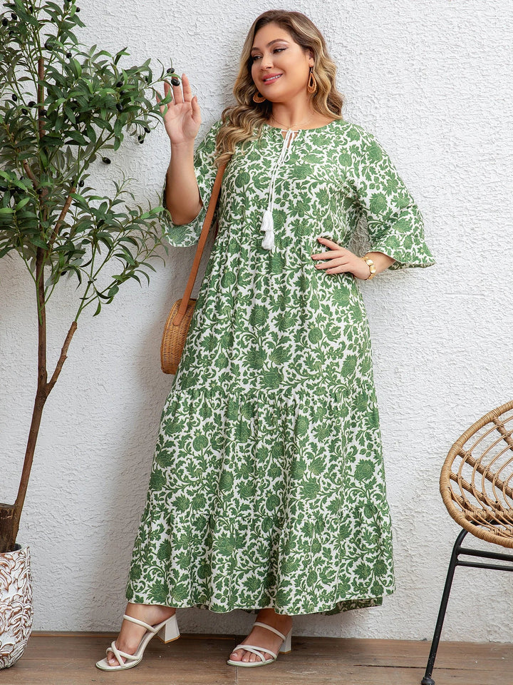 Women's Floral Tassel Tie Three Quarter Sleeve Tiered Plus Size Maxi Sundress