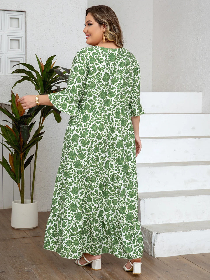 Women's Floral Tassel Tie Three Quarter Sleeve Tiered Plus Size Maxi Sundress