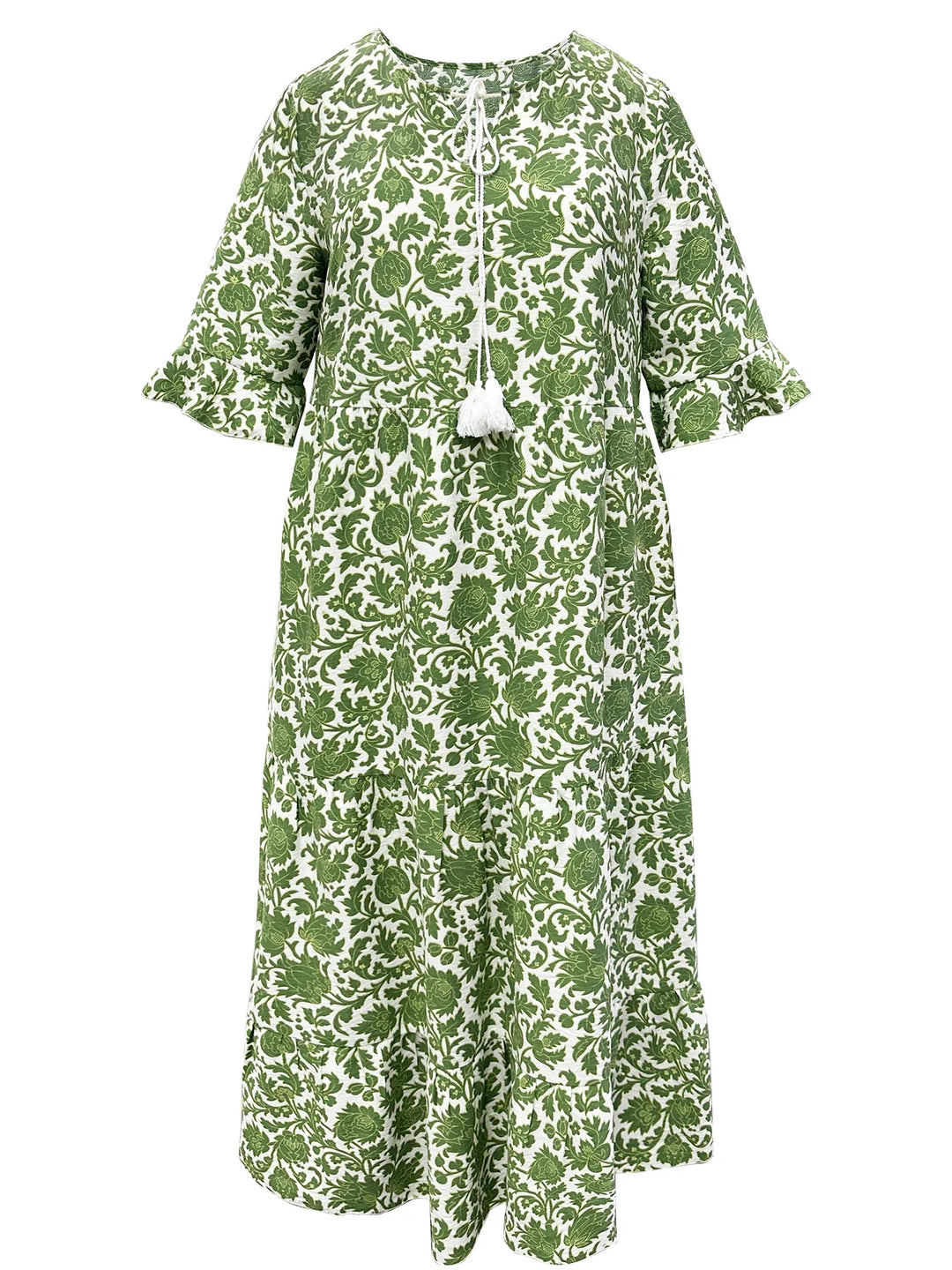 Women's Floral Tassel Tie Three Quarter Sleeve Tiered Plus Size Maxi Sundress