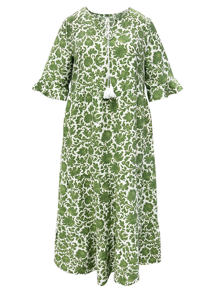Women's Floral Tassel Tie Three Quarter Sleeve Tiered Plus Size Maxi Sundress