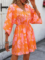 Women's Floral V Neck Drawstring Waist Wide Sleeve Mini Sundress