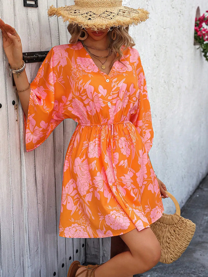 Women's Floral V Neck Drawstring Waist Wide Sleeve Mini Sundress