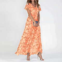 Women's Floral V Neck Flutter Sleeve Maxi Wedding Guest Dress