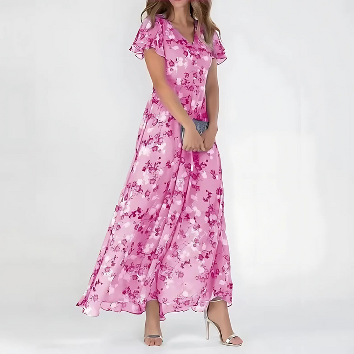 Women's Floral V Neck Flutter Sleeve Maxi Wedding Guest Dress