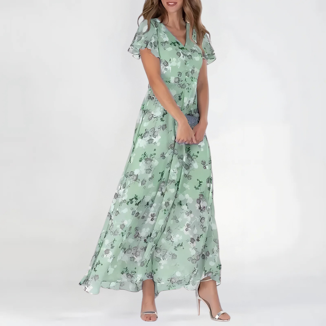 Women's Floral V Neck Flutter Sleeve Maxi Wedding Guest Dress