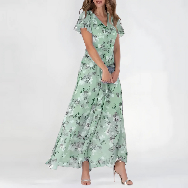 Women's Floral V Neck Flutter Sleeve Maxi Wedding Guest Dress