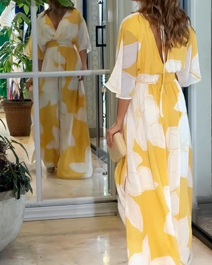 Women's Floral V Neck Half Sleeve Gathered Waist Maxi Sundress