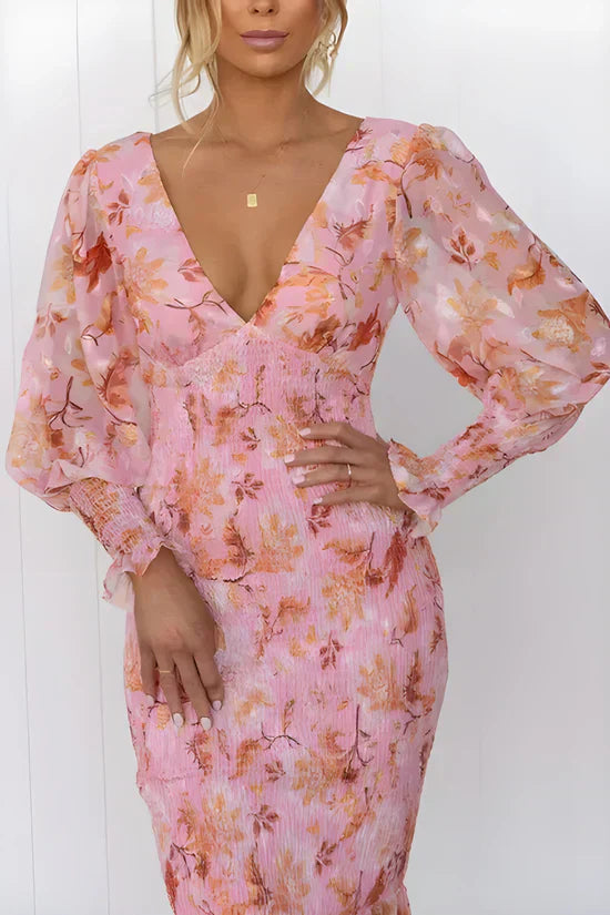 Women’s Floral V Neck Ruffle Hem Midi Wedding Guest Dress
