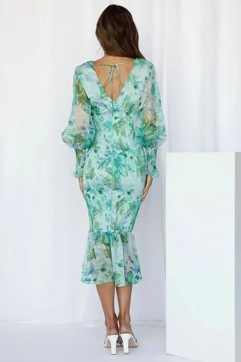 Women’s Floral V Neck Ruffle Hem Midi Wedding Guest Dress