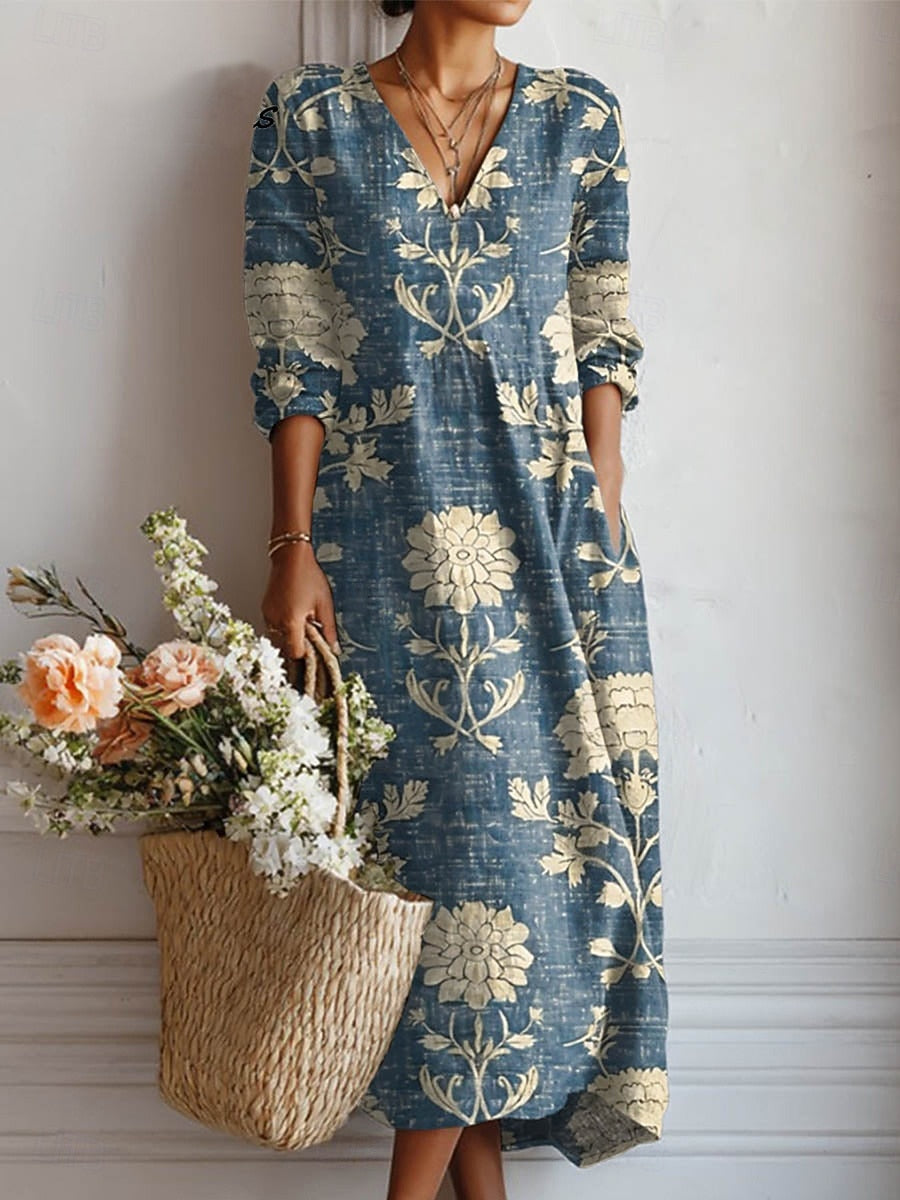 Women's Floral V Neck Three Quarter Sleeve Maxi Sundress