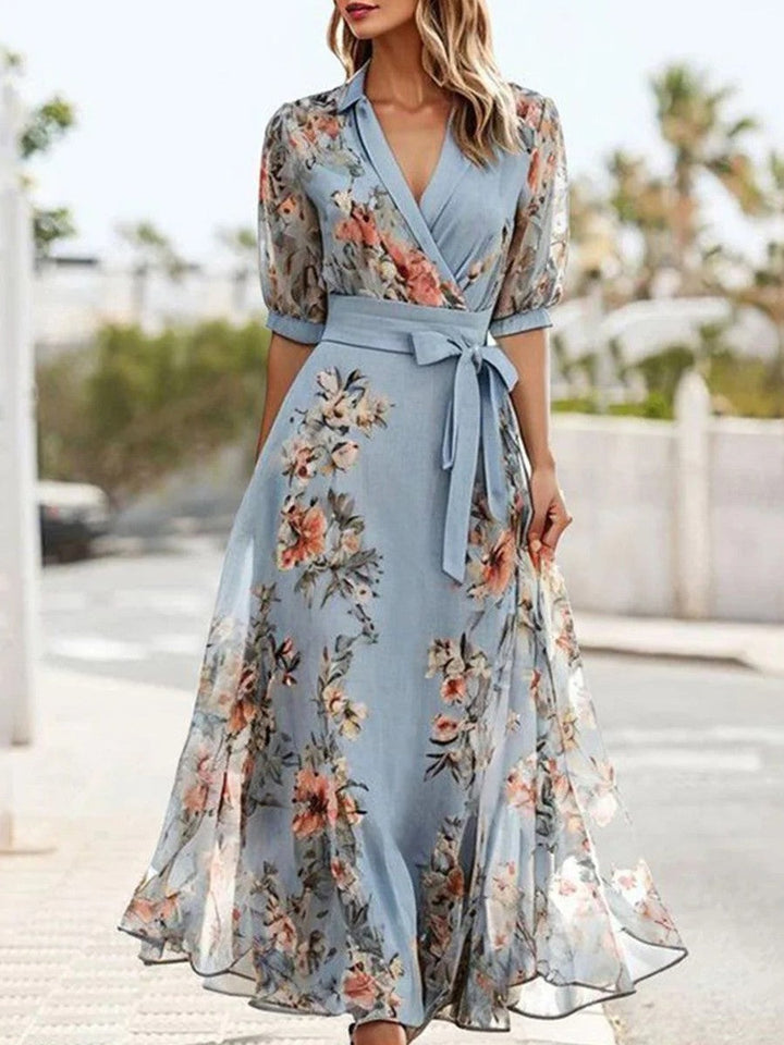 Women’s Floral Wrap V Neck Short Sleeve Tie Waist Maxi Dress