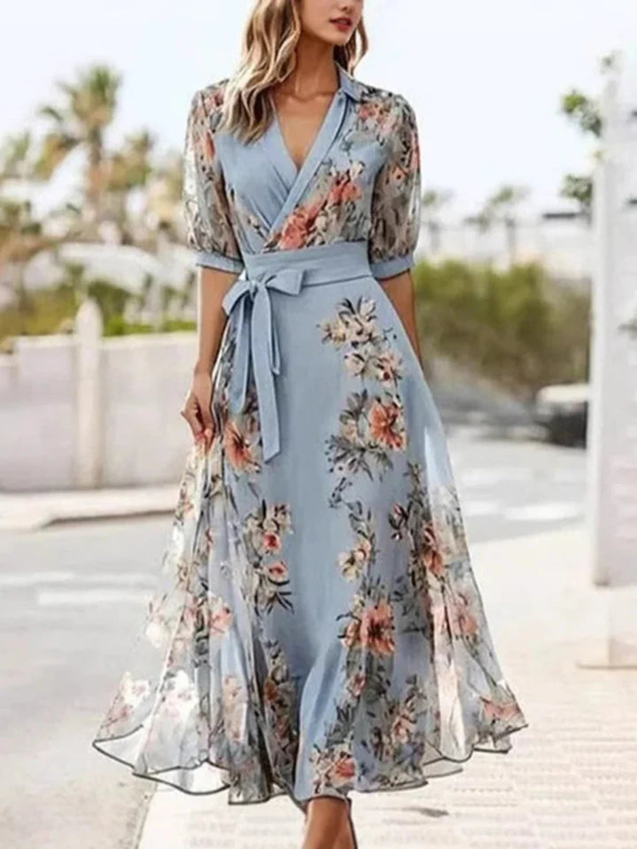 Women’s Floral Wrap V Neck Short Sleeve Tie Waist Maxi Dress