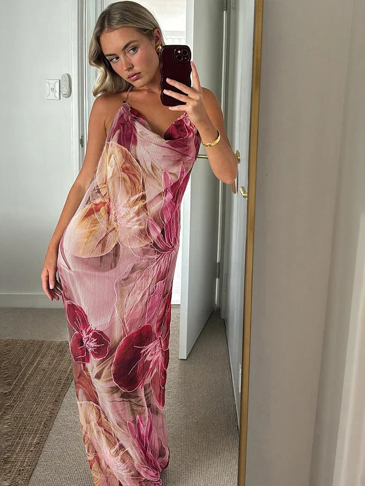 Women’s Halter Neck Floral Maxi Wedding Guest Dress