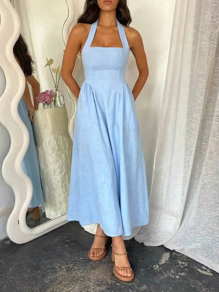 Women's Halter Neck Textured Gathered Skirt Back Zip Wedding Guest Dress