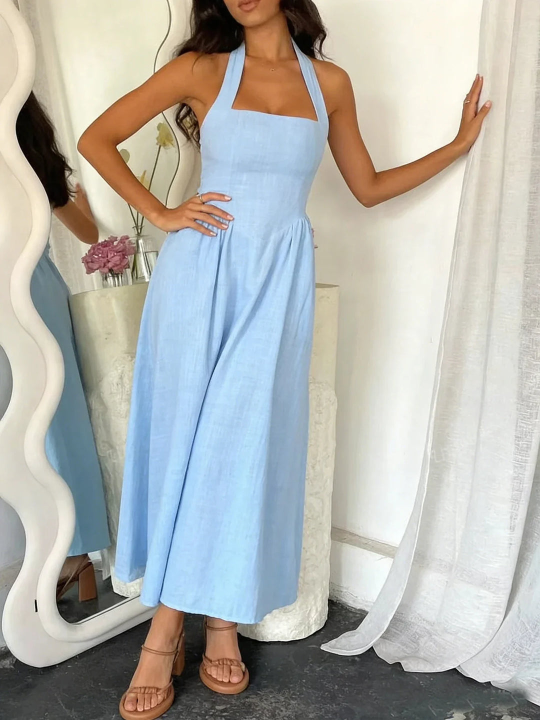 Women's Halter Neck Textured Gathered Skirt Back Zip Wedding Guest Dress