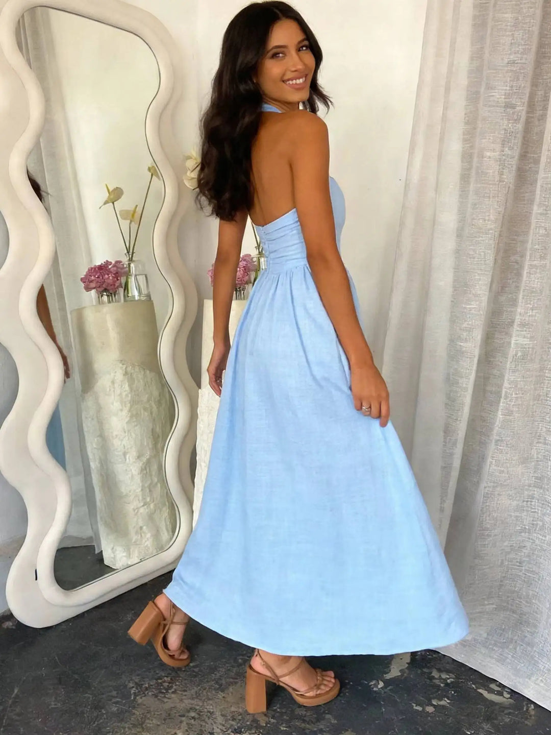 Women's Halter Neck Textured Gathered Skirt Back Zip Wedding Guest Dress