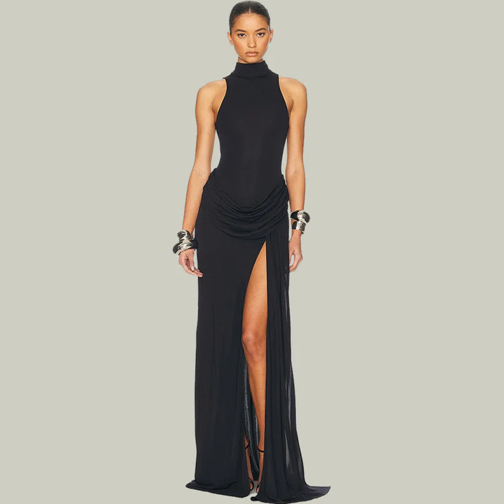 Women’s High Neck Draped High Slit Maxi Wedding Guest Dress
