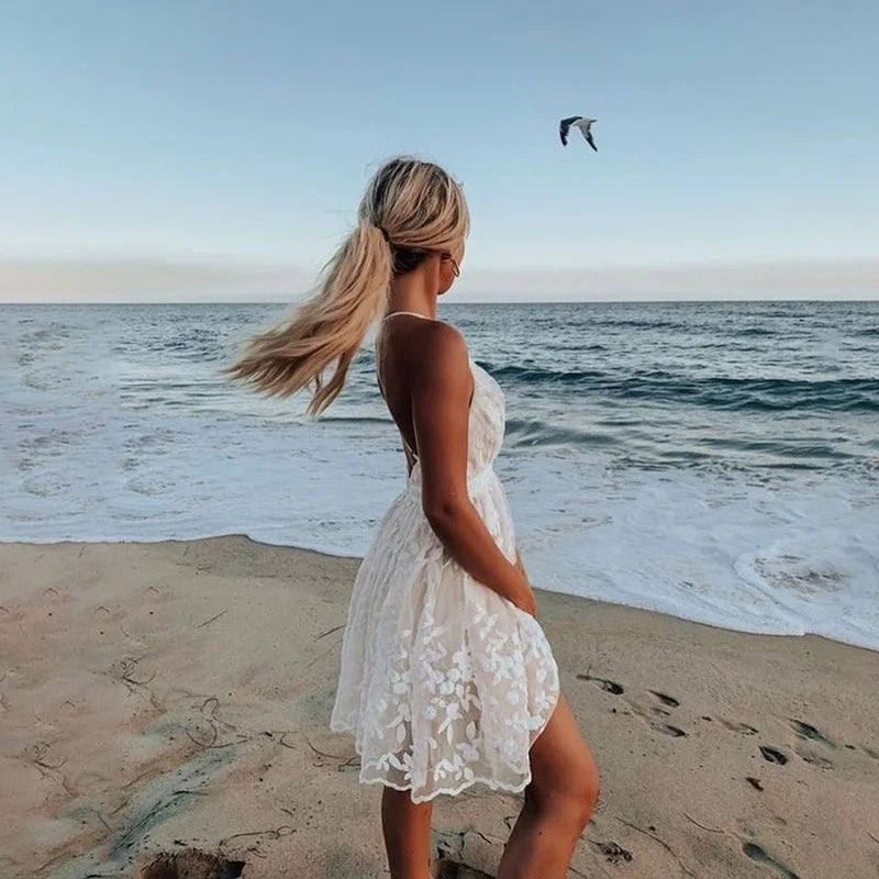 Women’s Lace V Neck Spaghetti Strap Mini Summer Dress