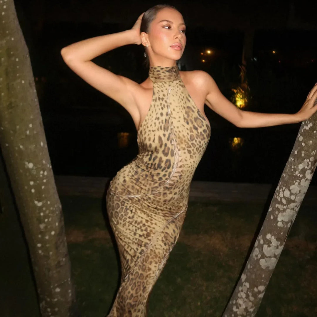Women’s Leopard Print Halter Maxi Wedding Guest Dress