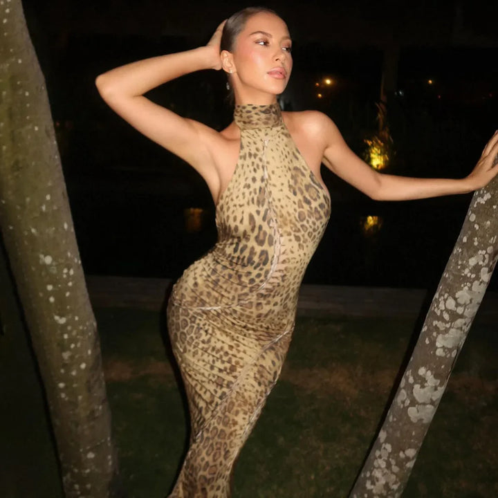 Women’s Leopard Print Halter Maxi Wedding Guest Dress