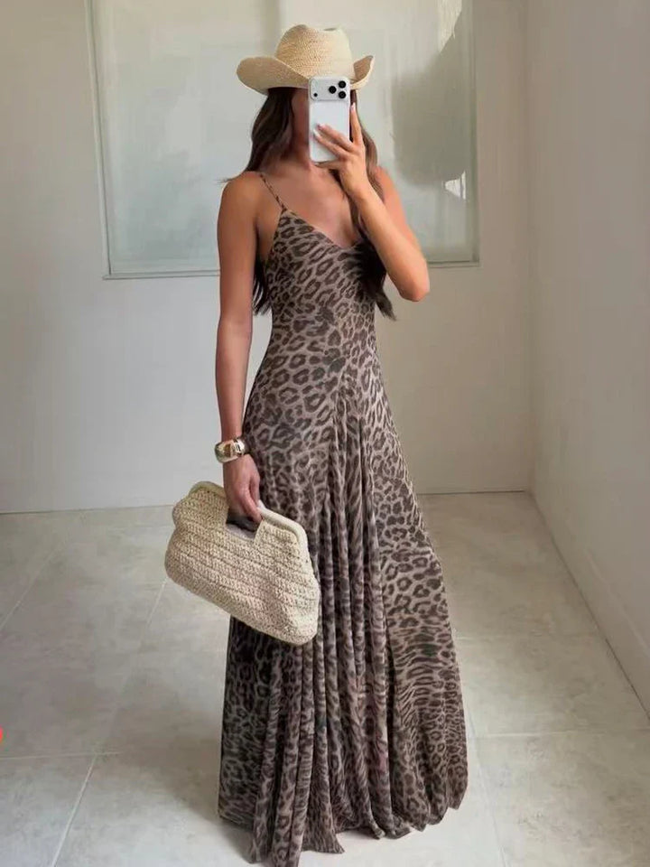 Women's Leopard Print Spaghetti Strap V Neck Pleated Maxi Sundress