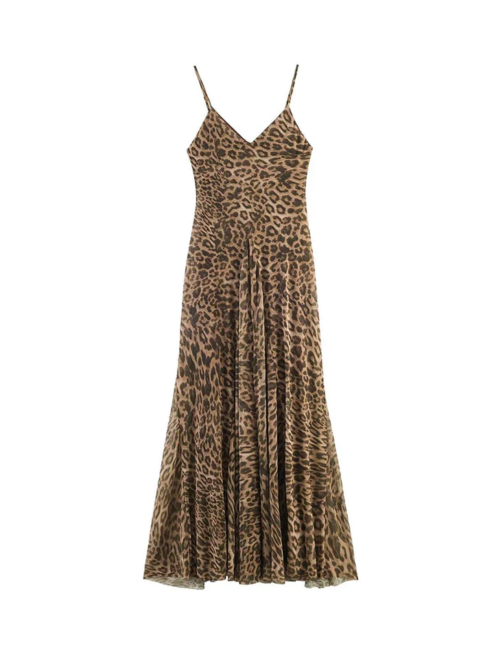 Women's Leopard Print Spaghetti Strap V Neck Pleated Maxi Sundress