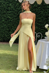 Women's Maxi Strapless Scarf Neck Asymmetric Side Slit Wedding Guest Dress