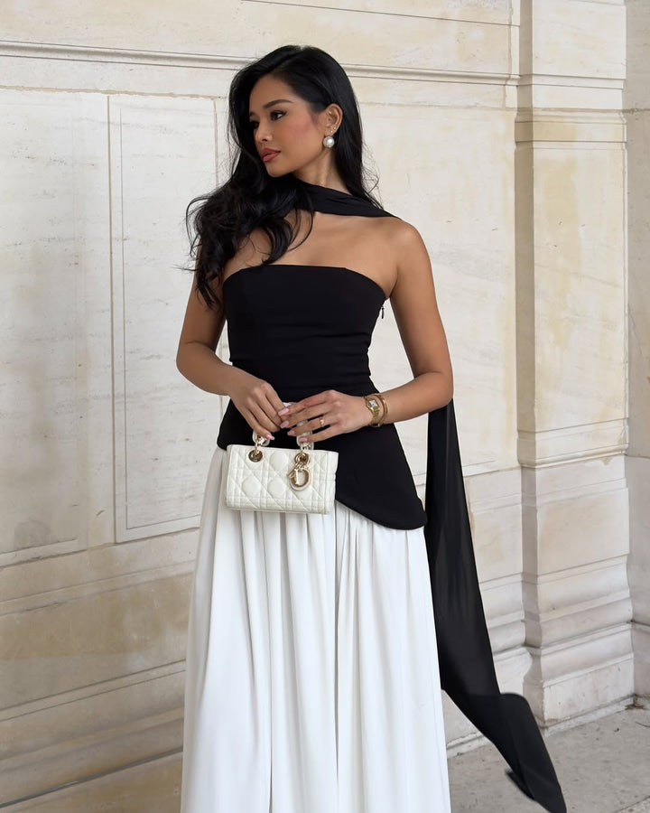 Women's Maxi Strapless Scarf Neck Asymmetric Side Slit Wedding Guest Dress