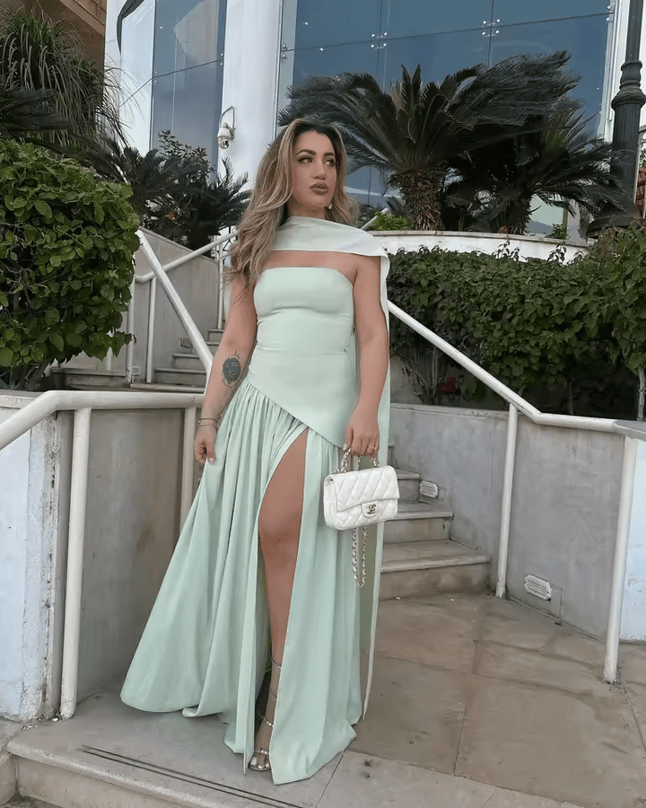 Women's Maxi Strapless Scarf Neck Asymmetric Side Slit Wedding Guest Dress