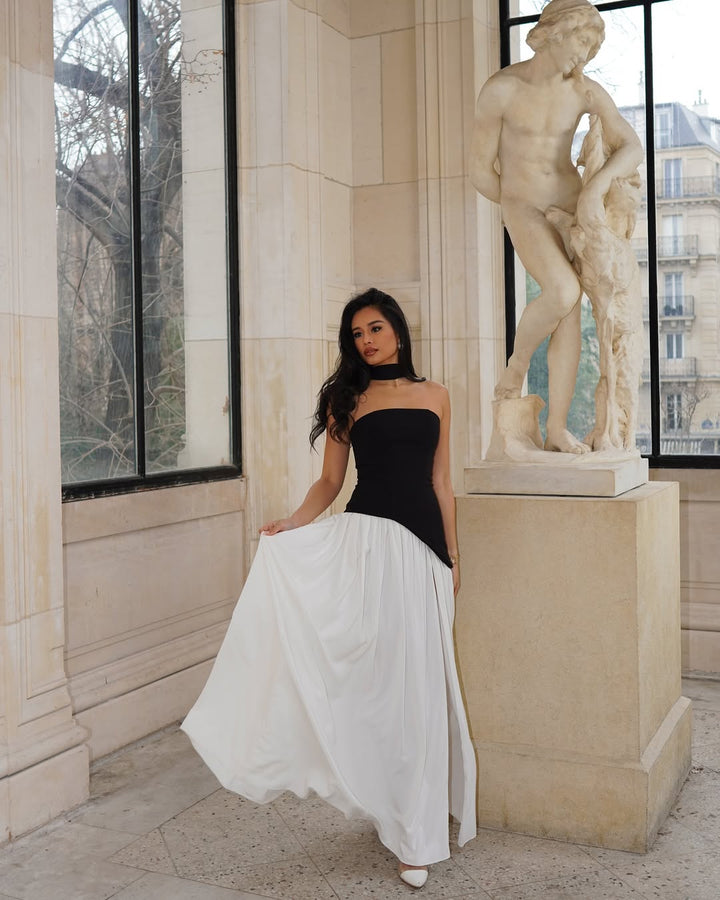 Women's Maxi Strapless Scarf Neck Asymmetric Side Slit Wedding Guest Dress
