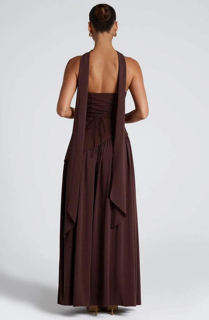 Women's Maxi Strapless Scarf Neck Asymmetric Side Slit Wedding Guest Dress